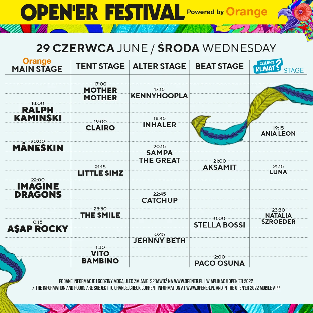 Koncerty na Open'er Festival 2022 29 czerwca