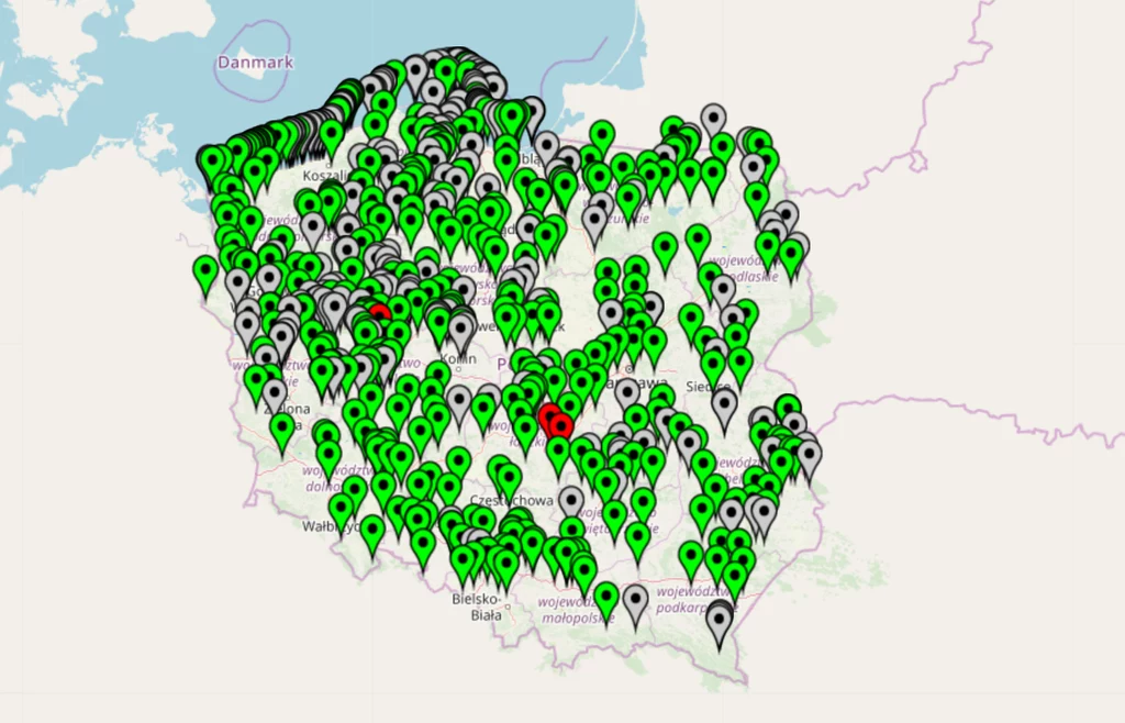 Mapa zamkniętych kąpielisk opublikowana na stronie GIS