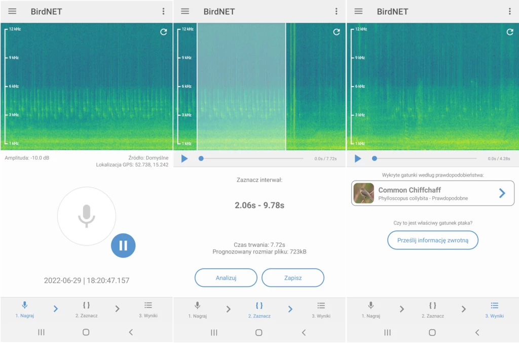 W aplikacji BirdNET samodzielnie trzeba zaznaczyć fragment nagrania do analizy, ale wyniki wyszukiwania są poprawne