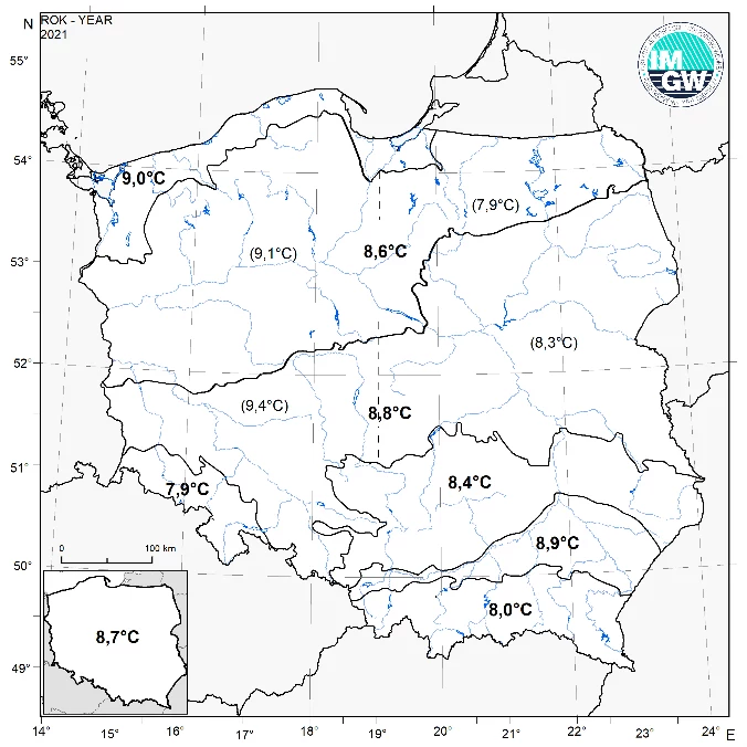 Średnie obszarowe rocznej wartości temperatury