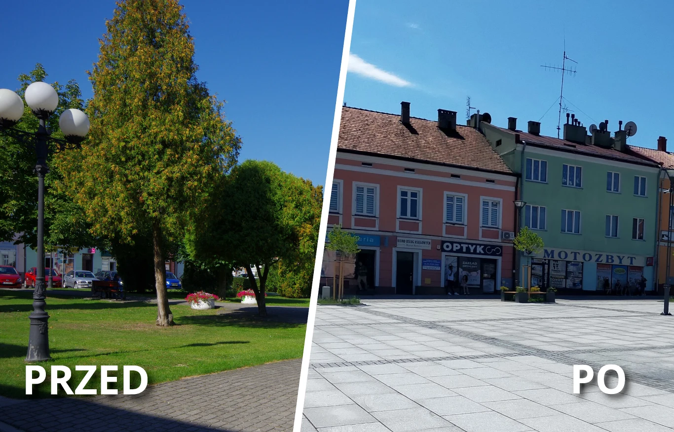 Rynek w Leżajsku przed i po rewitalizacji za 14 mln zł