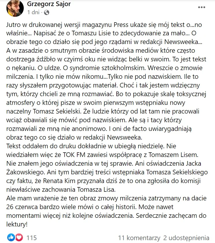Autor artykułu w magazynie "Press" o tekście dotyczącym Lisa