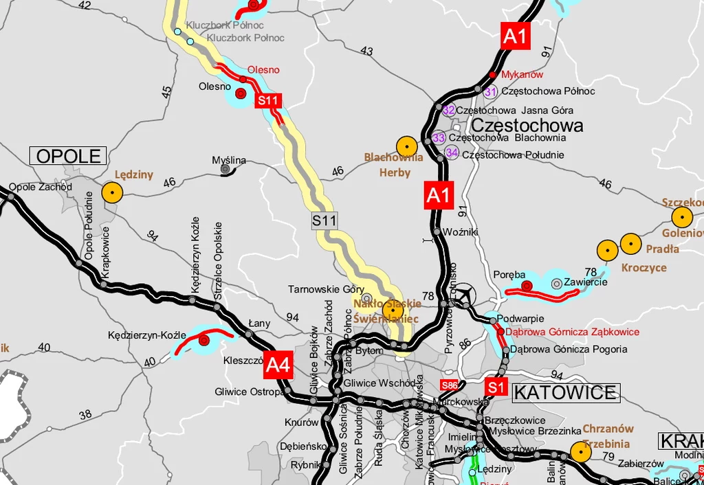 Planowany przebieg drogi S11 na Śląsku