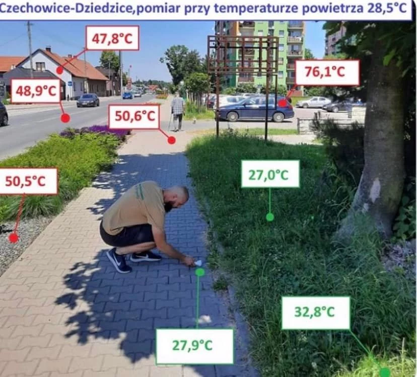Temperatury mierzone na miejskim trawniku i chodniku sięgają kolejno ok. 30 i 50 ℃ przy temperaturze powietrza ok. 29 ℃