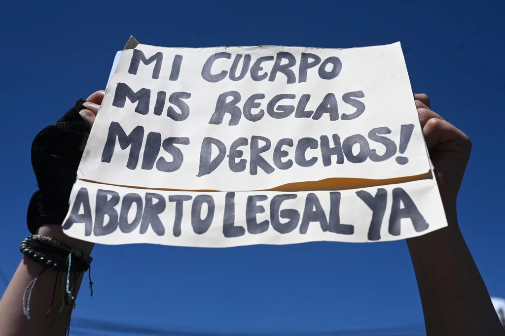 Kobieta z transparentem "Moje ciało, moje zasady, moje prawa! Teraz legalna aborcja!" podczas marszu domagającego się dekryminalizacji aborcji w Salwadorze. Zdj. archiwalne Kobieta z transparentem "Moje ciało, moje zasady, moje prawa! Teraz legalna aborcja!" podczas marszu domagającego się dekryminalizacji aborcji w Salwadorze. Zdj. archiwalne