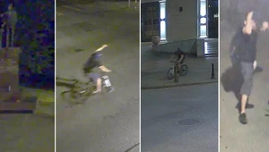 Kadry z nagrania z monitoringu miejskiego, na którym widać 34-latka oblewającego pomnik farbą