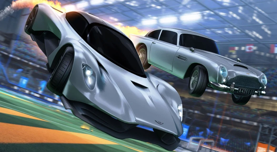 Samochód gracza Rocket League odradzający się po zniszczeniu na własnej połowie boiska.