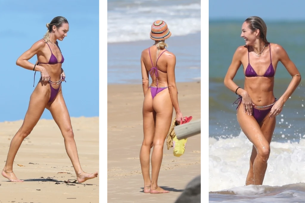 Candice Swanepoel kusi na plaży.  Jej mikroskopijne bikini nie pozostawia wiele wyobraźni