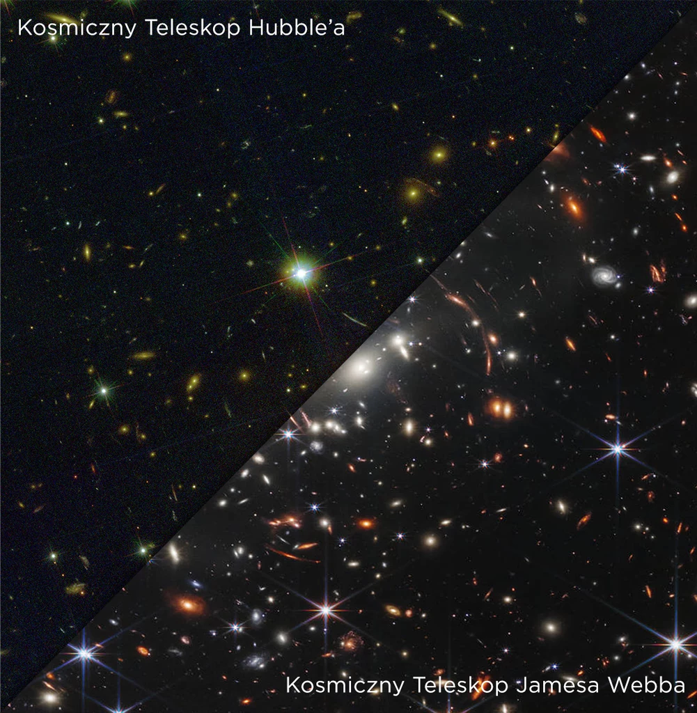 Porównanie gromady SMACS 0723 widzianej okiem JWST oraz Hubble'a