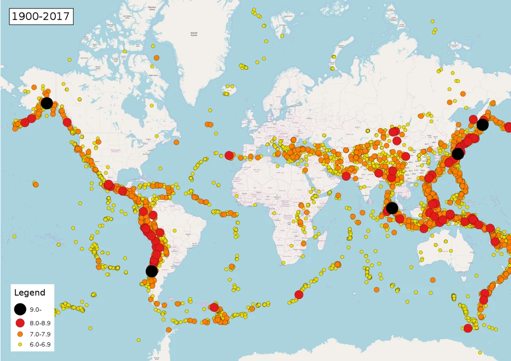 Epicentra trzęsień ziemi w latach 1900-2017 o magnitudzie 6,0 +, na podstawie danych USGS