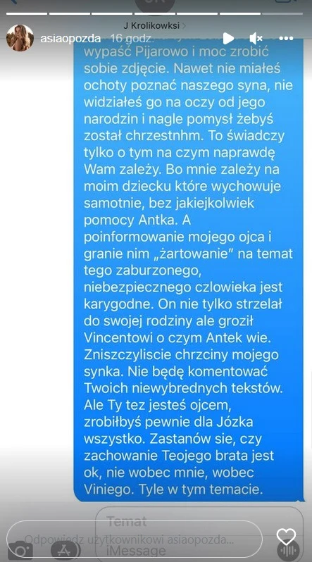 Joanna Opozda zamieściła screeny sms-ów do Jana Królikowskiego
