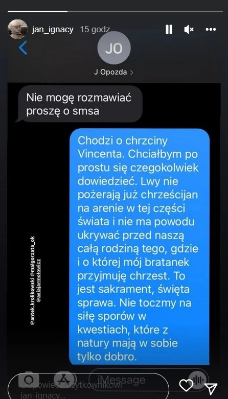 Jan Królikowski upublicznił, co napisał Joannie Opoździe