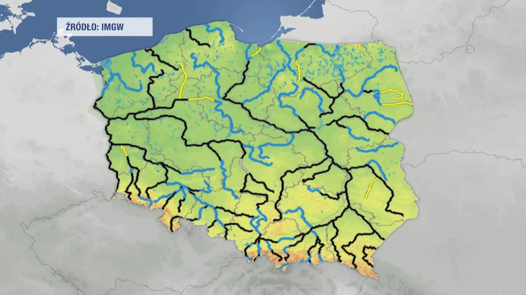 Susza hydrologiczna dotyka już niemal całą Polskę. Na czarno zaznaczono rzeki, gdzie poziom wody jest niebezpiecznie niski