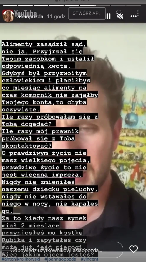 Joanna Opozda odpowiada mężowi na Instagramie.