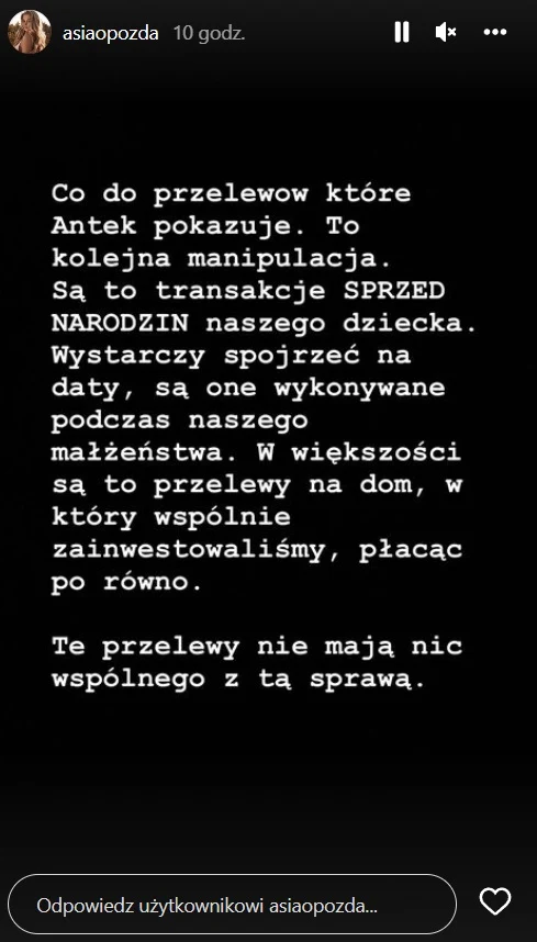 Joanna Opozda odpowiada mężowi na Instagramie.
