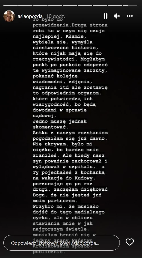 Joanna Opozda odpowiada mężowi na Instagramie.