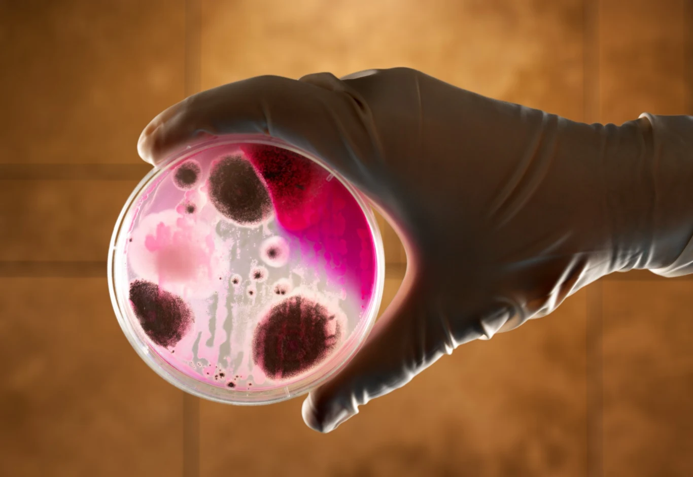 Dłoń trzymająca szalkę laboratoryjną z bakteriami