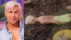 Ryan Gosling jako Ken (L) i Ken znaleziony przez aktora w przydomowym ogródku (P)