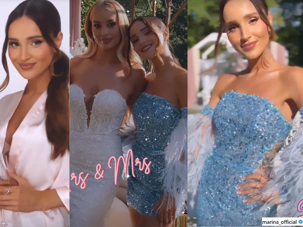 Marina szaleje na weselu. Kreacja z piór i klepanie panny młodej po pupie! @marina_official/