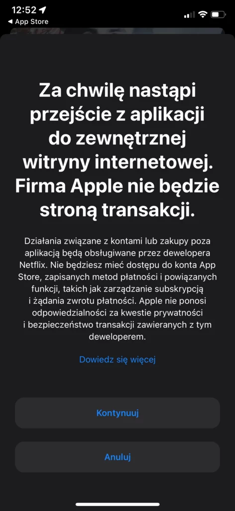 Ostrzeżenie wyświetlone po naciśnięciu czerwonego guzika