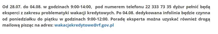 Wakacje kredytowe. Rzecznik Finansowy uruchamia specjalną infolinię. Źródło: RF Wakacje kredytowe. Rzecznik Finansowy uruchamia specjalną infolinię. Źródło: RF