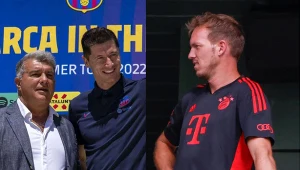 Prezes FC Barcelona Joan Laporta w uścisku z Robertem Lewandowskim oraz trener Bayernu Monachium Julian Naglesmann