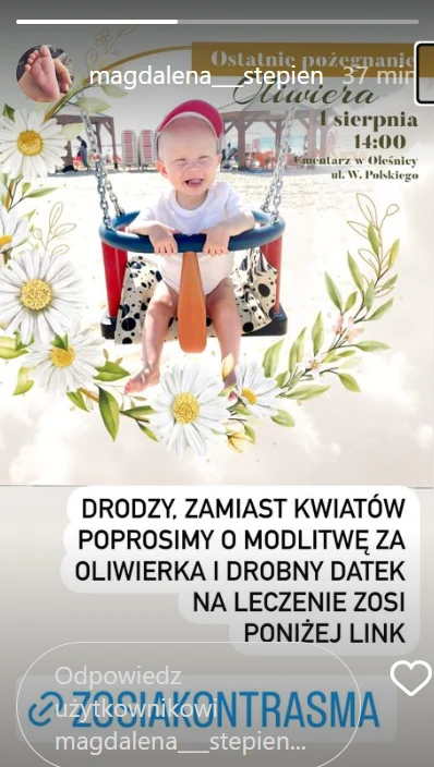 Magdalena Stępień informuje o pogrzebie syna Magdalena Stępień informuje o pogrzebie syna