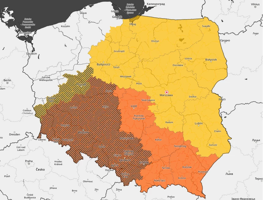 Kolor żółty to ostrzeżenia I stopnia; groźniejsze zjawiska wystąpią na obszarach objętych alertem II stopnia - kolor pomarańczowy; źródło IMGW Kolor żółty to ostrzeżenia I stopnia; groźniejsze zjawiska wystąpią na obszarach objętych alertem II stopnia - kolor pomarańczowy; źródło IMGW