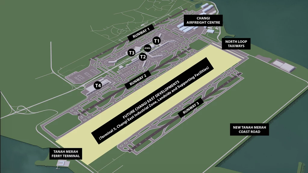 Jasnym kolorem zaznaczono położenie całej inwestycji Changi East obejmującej m.in. nowy, piąty terminal