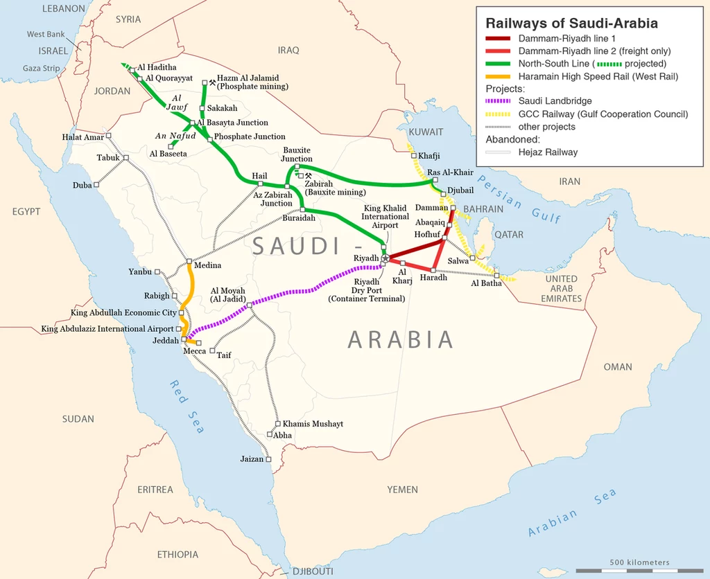 Schemat istniejących i planowanych połączeń kolejowych na Półwyspie Arabskim