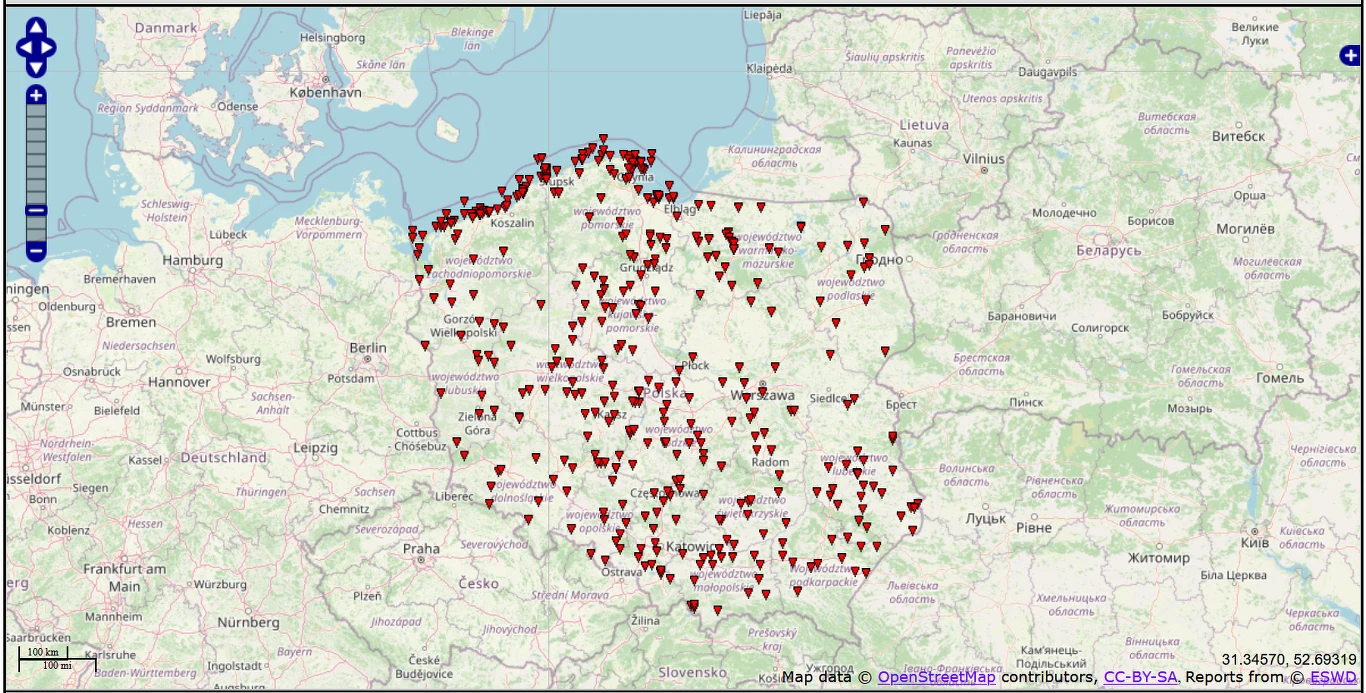 Mapa European Severe Storms Laboratory pokazuje, gdzie zanotowano wystąpienie tornada w latach 2001-2022