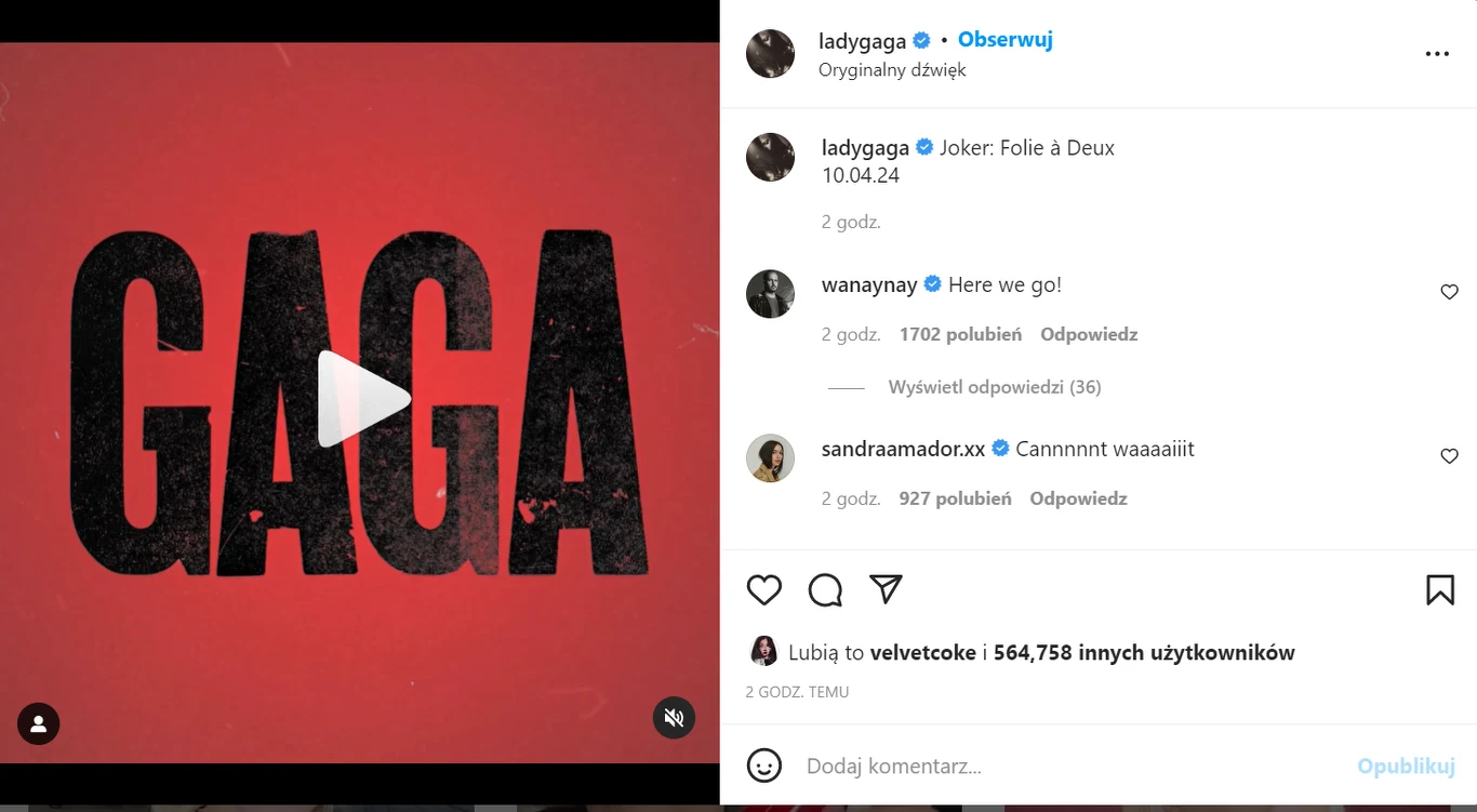 Zrzut ekranu z Instagrama Lady Gagi