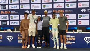 Gwiazdy na Stadionie Śląskim: od lewej - Jasmine Camacho-Quinn, Alison Dos Santos, Shelly-Ann Fraser-Pryce, Shaunee Miller-Uibo, Shericka Jackson i Armand Duplantis 