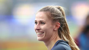 Natalia Kaczmarek cieszy się po biegu na 400 m podczas lekkoatletycznej Diamentowej Ligi - Silesia Memoriału Kamili Skolimowskiej