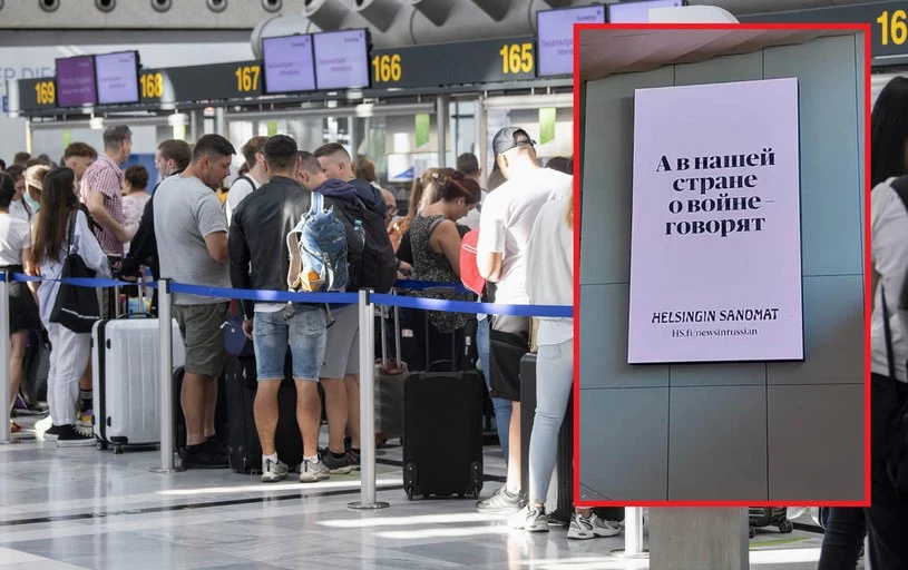 Napis w języku rosyjskim witający rosyjskich turystów w Finlandii Napis w języku rosyjskim witający rosyjskich turystów w Finlandii