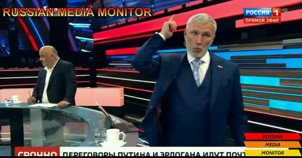 Aleksiej Żurawlew podczas występu w rosyjskiej telewizji propagandowej Aleksiej Żurawlew podczas występu w rosyjskiej telewizji propagandowej