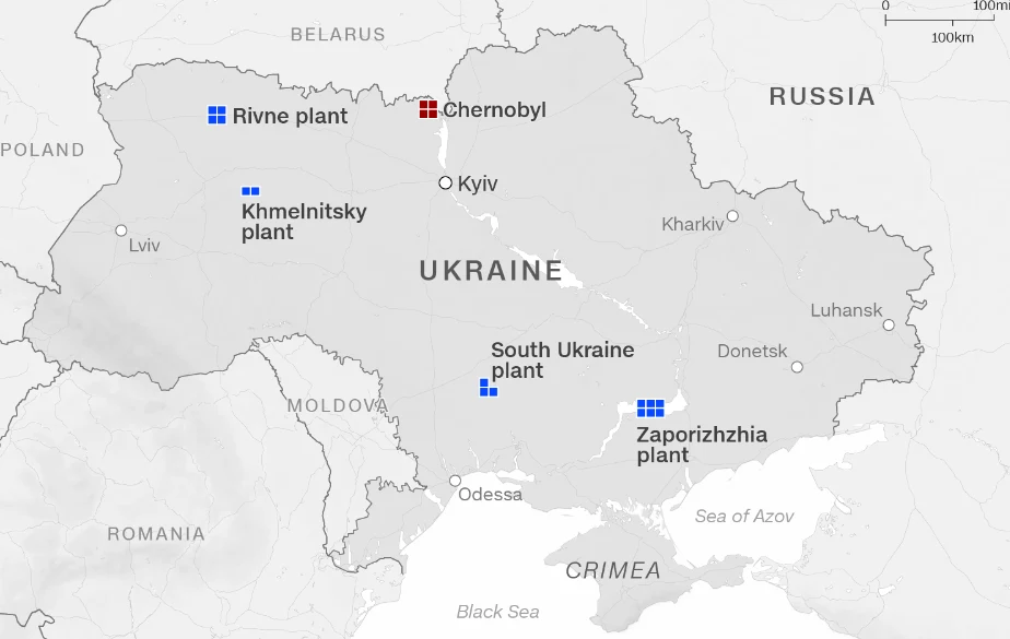 Ukraina ma pięć elektrowni atomowych, w tym tę największą w Europie w Zaporożu / mapa: World Nuclear Association