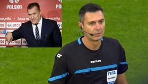 Krzysztof Jakubik często mylił się podczas meczu Jagiellonii z Radomiakiem, ale jego błędy korygował VAR. Spotkanie z trybuny VIP oglądał sam prezes PZPN-u Cezary Kulesza (z lewej)