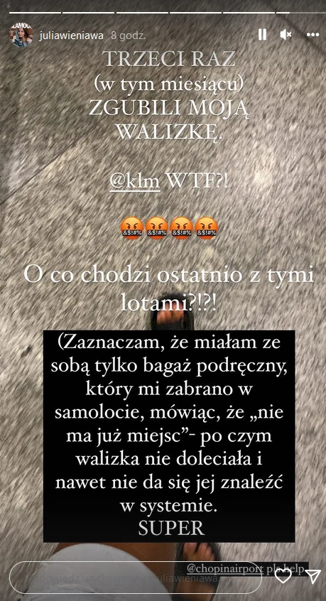 Julia Wieniawa wściekła na linie lotnicze. Znów zgubili jej bagaż! @juliawieniawa/