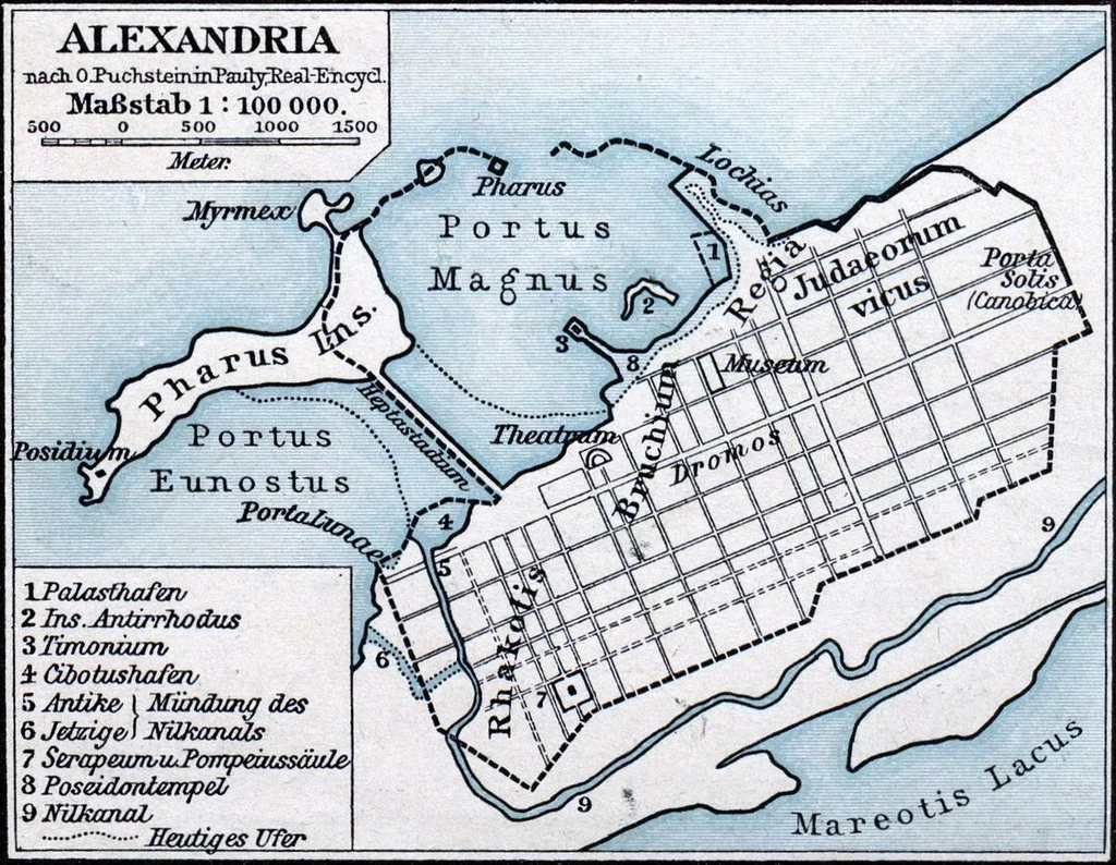 Mapa starożytnej Aleksandrii. Mouseion (Biblioteka Aleksandryjska) znajdował się w królewskiej dzielnicy Broucheion