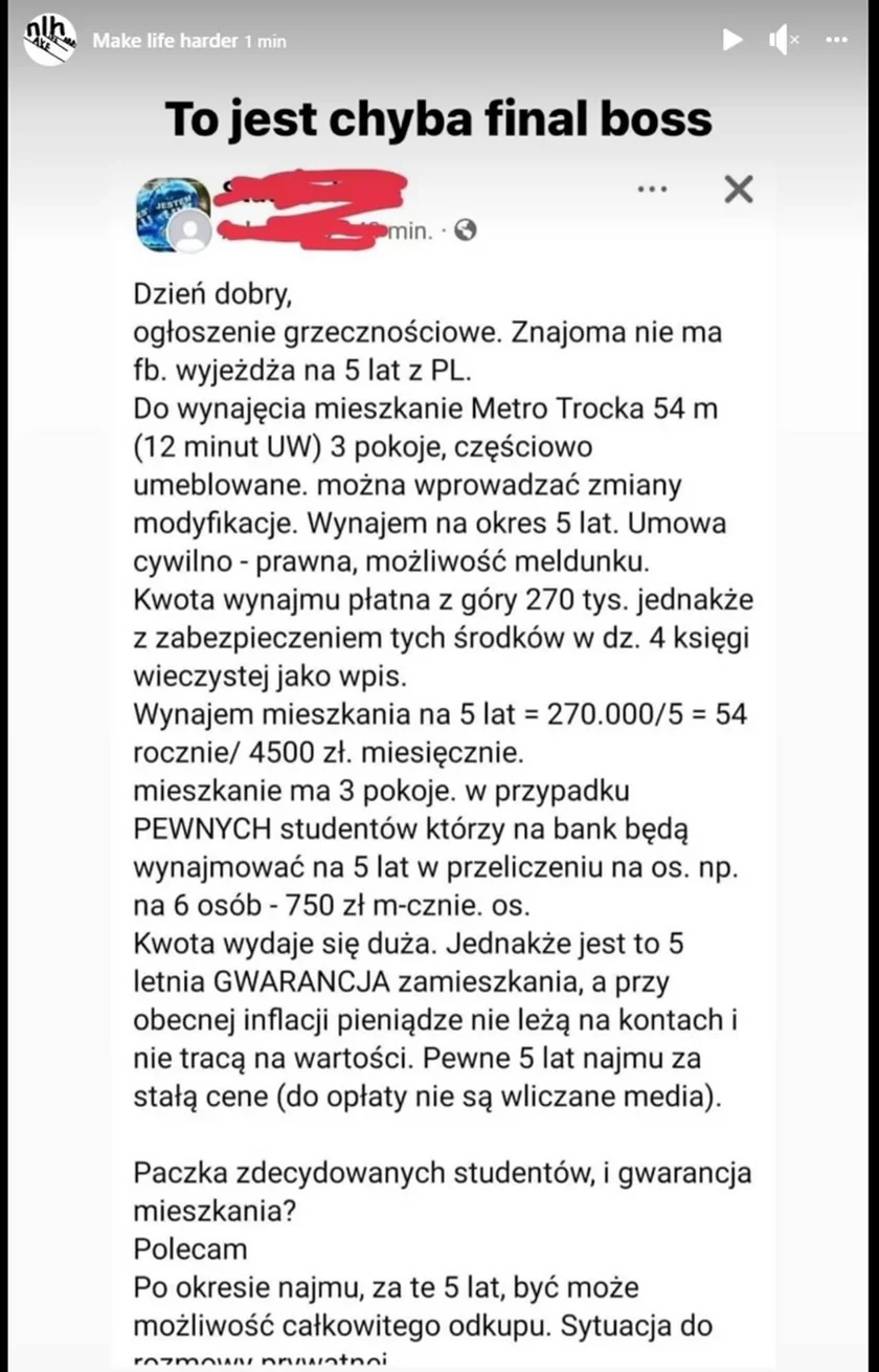 Treść ogłoszenia zamieszczonego przez portal Make Life Harder