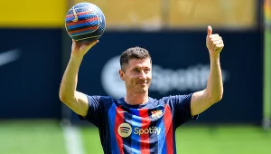 Robert Lewandowski podczas prezentacji na Camp Nou 