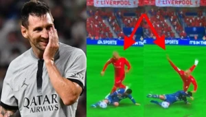 Po lewej stronie Messi podczas meczu PSG z Gambą Osaką, a po prawej fragment filmu prezentujący faul postaci piłkarza z gry FIFA 23