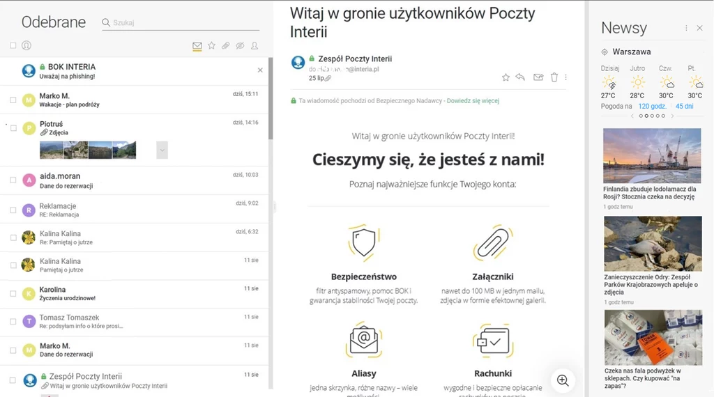 Poczta email - widok Newsweed w darmowej poczcie Interia