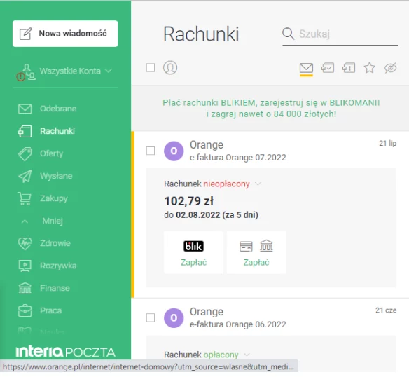 Poczta e-mail_ widok folderu Rachunki w darmowej poczcie Interia