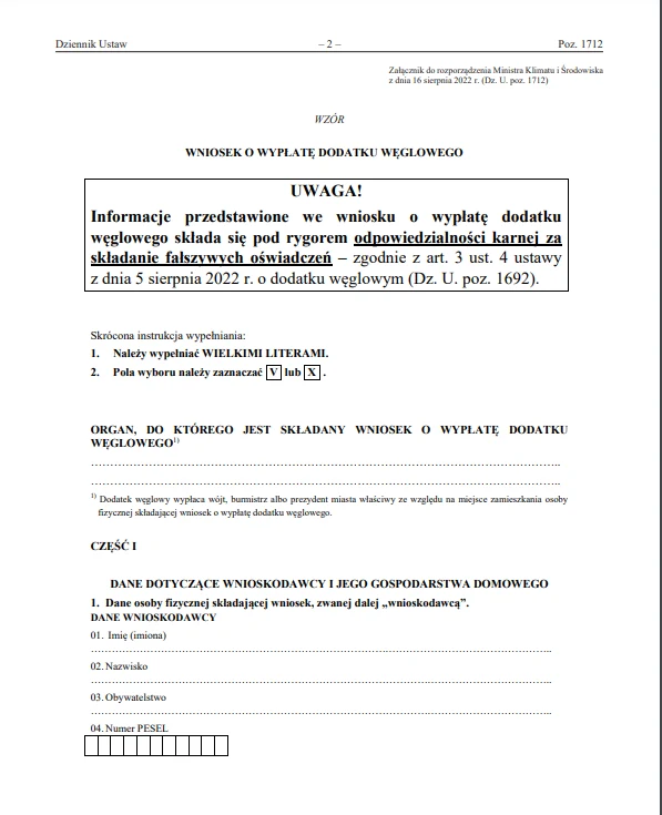 Wniosek o dodatek węglowy składa się pod rygorem odpowiedzialności karnej. 