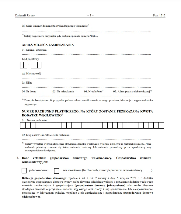 Wniosek o dodatek węglowy należy uzupełnić podając numer konta bankowe, na które trafi 3 tysiące zł.