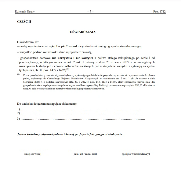 Wniosek o dodatek węglowy w wysokości 3 tysięcy zł kończy oświadczenie i podpis. 