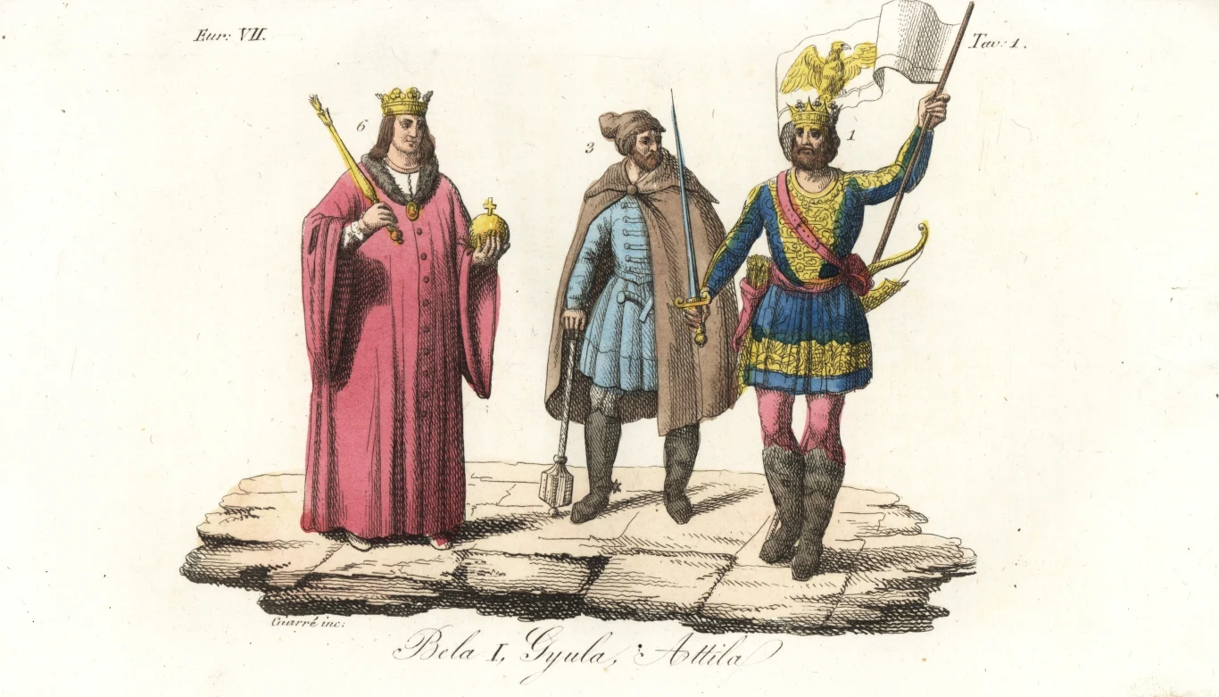 Władcy Węgier: Attyla (1), Gyula III Młodszy (3) i Béla I (6). Ręcznie kolorowany miedzioryt, Florencja, 1847 r. Władcy Węgier: Attyla (1), Gyula III Młodszy (3) i Béla I (6). Ręcznie kolorowany miedzioryt, Florencja, 1847 r.