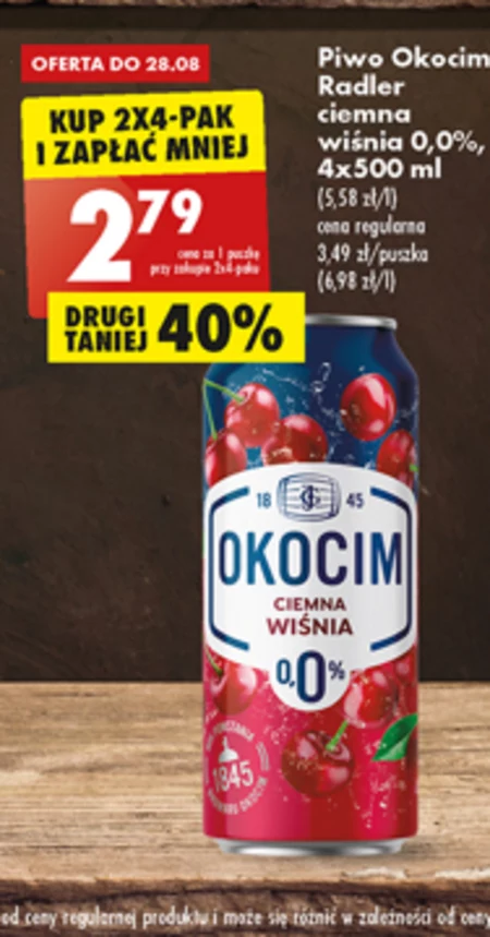 Okocim Radler Ciemny Piwo bezalkoholowe z lemoniadą wiśnia 500 ml